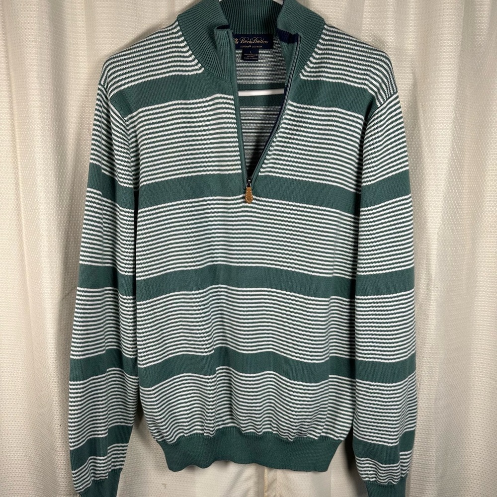 Brooks Brothers Striped Zip-Up Sweater in Green and White